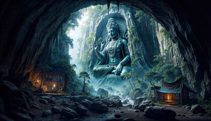 ancient statue and cave in the forest