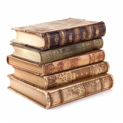 Stack of antique vintage old books isolated on white background, reading in old library and education, generative ai