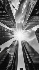black and white photos of glass buildings, in the style of sunrays shine upon it