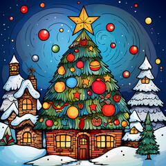 winter forest, frame and Christmas tree decoration background