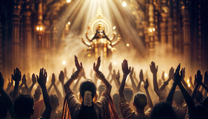 people praying in front of Hindu  idol - obrazy, fototapety, plakaty