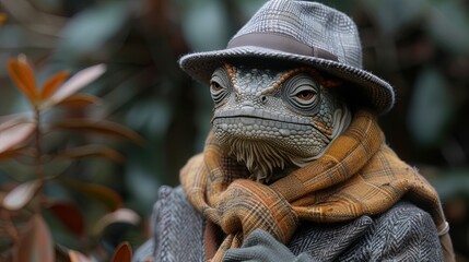 A hyper-realistic chameleon detective blending seamlessly into the urban landscape, his ability to