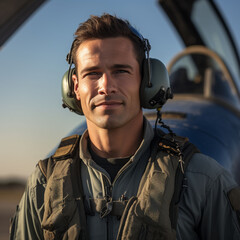 A young, handsome military Pilot stands in front of his plane wearing his uniform and headset, ready to take flight and gun into action - obrazy, fototapety, plakaty