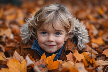 A young child with blue eyes smiles among a sea of fallen autumn leaves