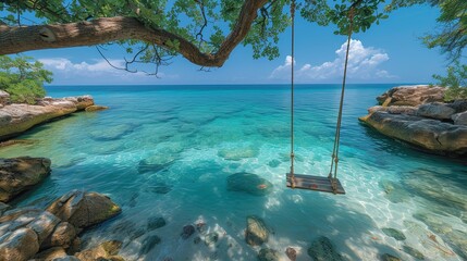 A dreamy island retreat with a swing swaying gently above crystal-clear turquoise waters, inviting
