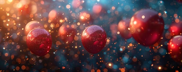 Fototapeta na wymiar Festive party background with blurred bokeh lights, bright red balloons and flying confetti