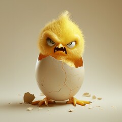 Illustration of a cute and angry chick, getting out of a cracked egg, AI-generated image