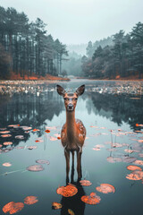 Young female deer standing in lake water in beautiful nature on a cloudy moody day, looking into camera, orange and teal colors.