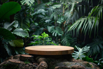 Round piece of wood as a podium in the middle of a lush tropical greenery, natural scene for product photography