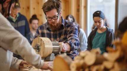 A skilled woodworker demonstrates lathe techniques to a group of engaged young apprentices in a well-equipped workshop. AIG41