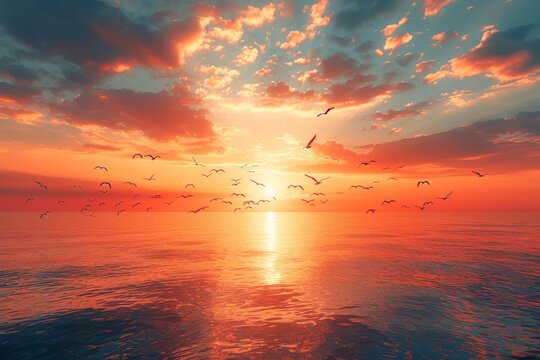 A tranquil scene depicting a flock of birds flying over the ocean during a captivating sunset with vibrant clouds