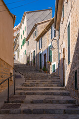 Fototapeta na wymiar .Cozy street with steps in the town of Port de Soller, Mallorca, Majorka, Balearic Islands, Spain