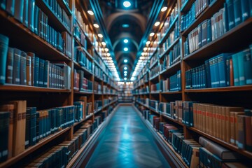 A perspective view of a library with symmetrical shelving, lit with a cool blue hue emphasizing tranquility and knowledge