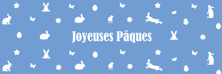 Bannière bleue joyeuse pâques lapin œuf et poules