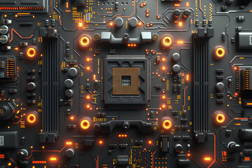 Advanced microprocessor on a high-tech circuit board with orange illumination