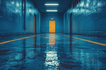 A moody, atmospheric shot of a wet floor reflecting light, leading to a bright yellow door