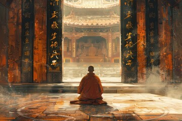 A Meditating Buddhist Monk in a Large Hall Inside the Temple, the Serene and Concentrated Meditation Energy