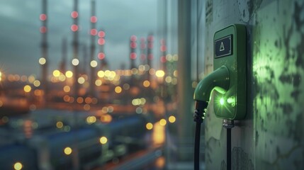 A green electric plug connecting to a clean energy source, illustrating sustainable energy solutions in business, against a blurred industrial backdrop. - obrazy, fototapety, plakaty