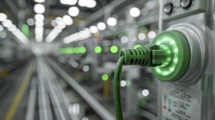 A green electric plug showing sustainable energy in business amid an industrial setting.