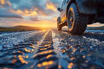Dramatic sunset captures the reflection on wet asphalt under a car's tire, highlighting adventure - obrazy, fototapety, plakaty