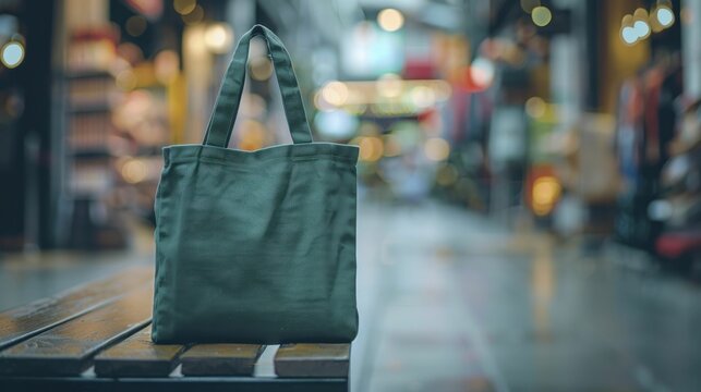 A sustainable message conveyed by a green tote on a bench with blurred retail backdrop.