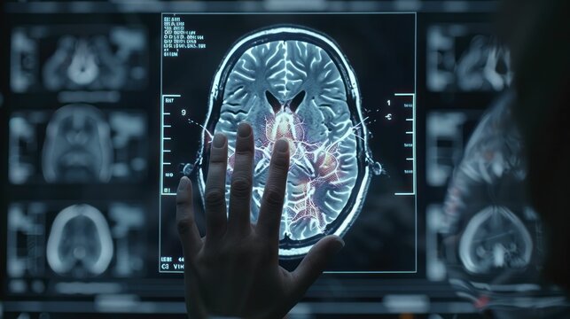 A hand symmetrically touching a digital screen shows neurology intersecting technology in diagnostics amid a dark, unfocused backdrop.