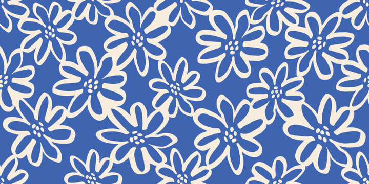 Fototapeta Vintage floral seamless pattern with hand drawn brush flowers in blue background. Abstract modern print with daisy.