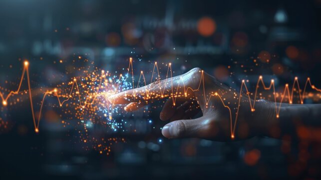 Symmetrically touching a glowing ECG line embodies the healthcare connection between professionals and patients amid a dark backdrop.