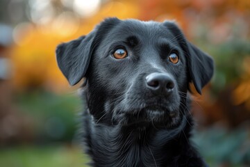 A domestic dog is captured looking away from the camera, with beautiful fall colors bokeh background, vibrant and warm