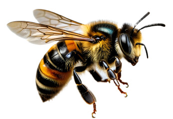 a stunning bee is flying, isolated on transparent background, macro, incredible pollinator, - obrazy, fototapety, plakaty