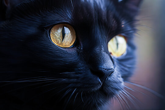 A close-up photo captures the intense gaze of a black cat with striking yellow eyes. The cat's fur is sleek and shiny, and the focus sharpens the details of its face and whiskers against a soft