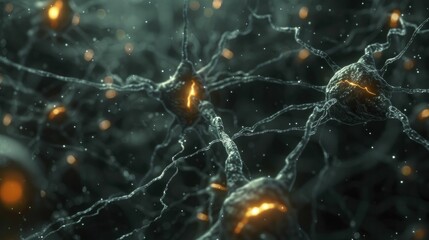 Glowing synapses firing in a detailed neural network, set against the shadowy depths of neurological research - obrazy, fototapety, plakaty