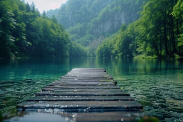 A serene wooden pier extends into a misty lake surrounded by dense, green forest providing a sense...