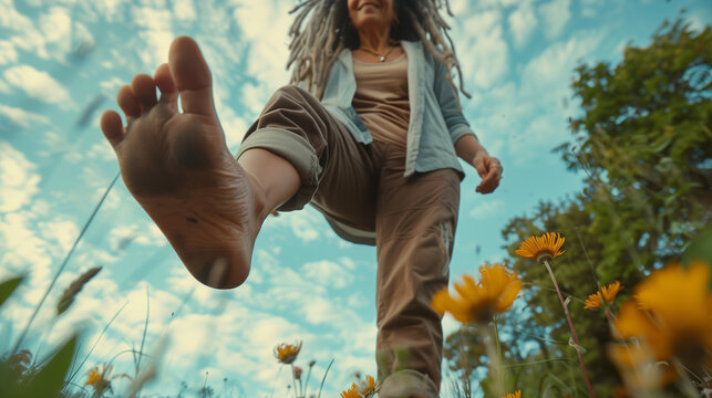 Smiling person with outstretched foot walking barefoot outdoors. Earthing. Grounding