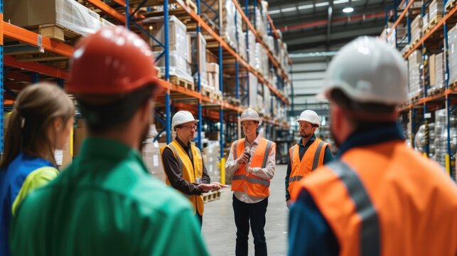 A team of warehouse workers in safety vests engage in a group discussion in a large modern logistics center. AIG41