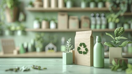 Fototapeta na wymiar Green packaging design highlights eco-friendly materials against a softly blurred backdrop of consumer products.
