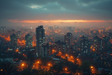 Fototapeta premium Captivating view of a cityscape bathed in the glow of sunset with a dramatic, dusky sky adding to the urban atmosphere