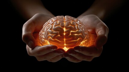 Symmetrical hands cradle a glowing brain model, depicting neurology and mental health amid a dark backdrop.