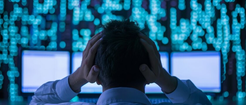A stressed male programmer stands amidst a sea of digital data screens, his hands clutching his head in frustration. The intensity of the blue-hued data center highlights the critical nature. - Powered by Adobe