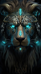 Head of a magical Lion on a dark background.