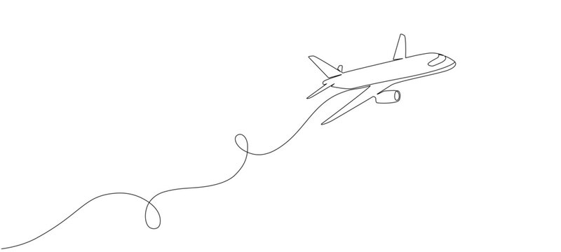 Suitcase and airplane drawn with one editable line. Continuous single line drawing on travel theme. Vacation concept, air travel with luggage. Banner on the theme of traveling. Vector illustration