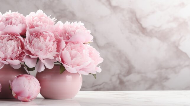 Beautiful peonies on defocused background with space for text and design, nature concept