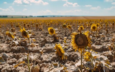 Row upon row of scorched sunflowers bear the mark of drought, against a backdrop of unyielding blue skies. The image serves as a poignant reminder of agriculture's vulnerability to extreme weather.