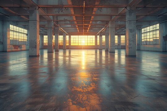 Warm sunlight floods an expansive, empty loft with rustic columns, reflecting off the glossy concrete floor amidst urban decay