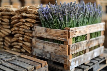 Detailed capture of vibrant lavender plants in rustic wooden crates on pallets
