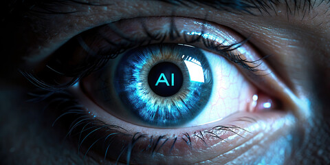 Eye closeup with artificial intelligence written in the pupil 