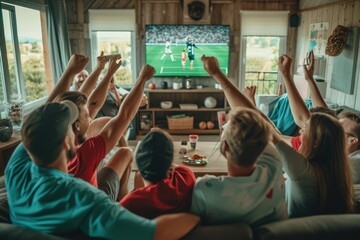 A jovial crowd of friends is raising glasses in a toast while attentively watching a soccer game on a television in a cozy bar decorated with lights. AIG41 - obrazy, fototapety, plakaty