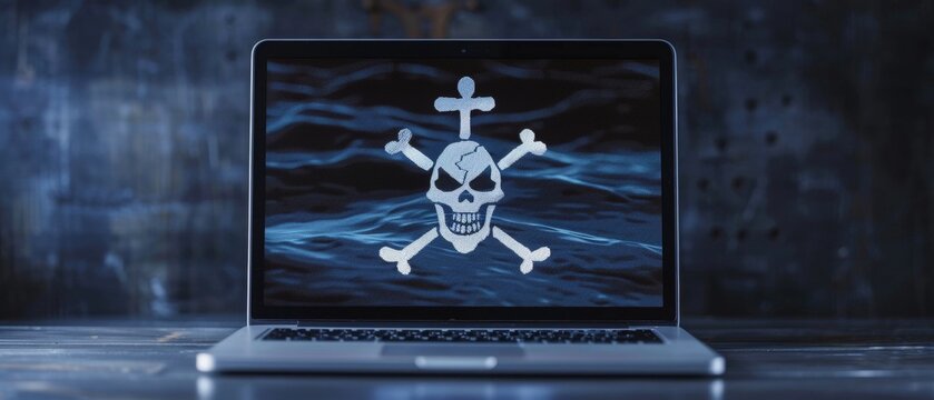A pirate skull with crossbones set against a digital sea backdrop on a laptop screen, symbolizing a nautical-themed cybersecurity alert. - Powered by Adobe