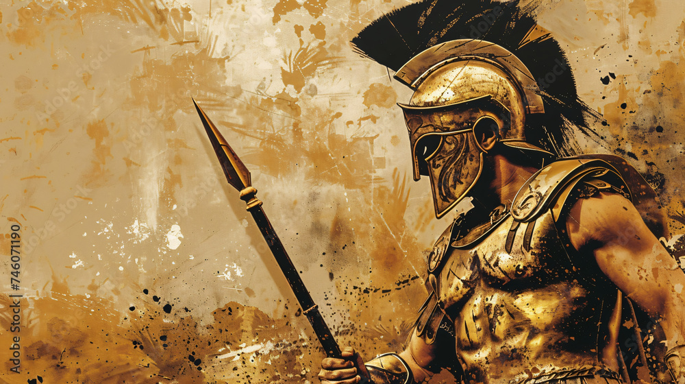 Wall mural illustration of spartan warrior king demigod in golden armor