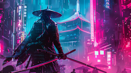 modern painting of a samurai, neon lights, futuristic city, cyberpunk, fantasy, people, night, robot, warrior, art, black, smoke, sword, music, future, dark, person, war, futuristic, rock
